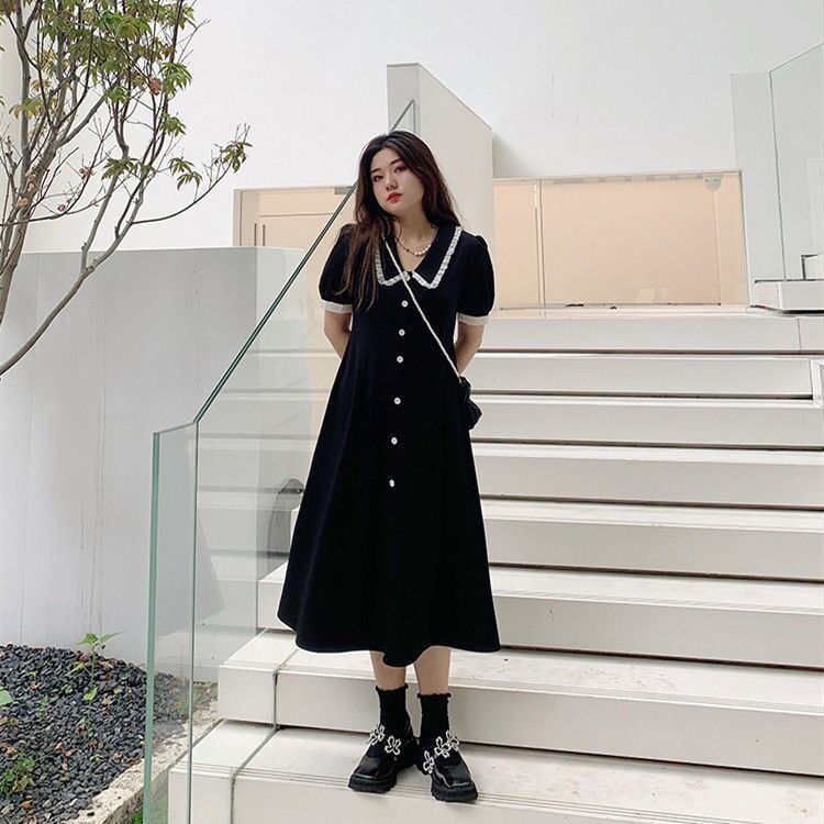 大碼女裝黑色娃娃領連衣裙女收腰顯瘦2022夏新款法式純欲風公主裙