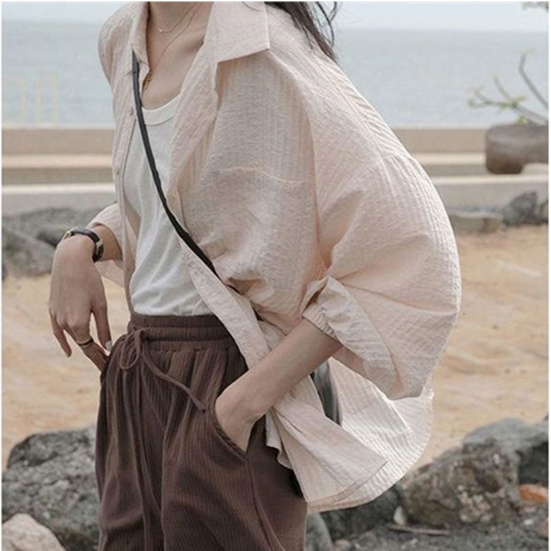 Retro Hong Kong style cotton linen shirt women's spring and summer thin French lazy loose design sense minority top sunscreen coat