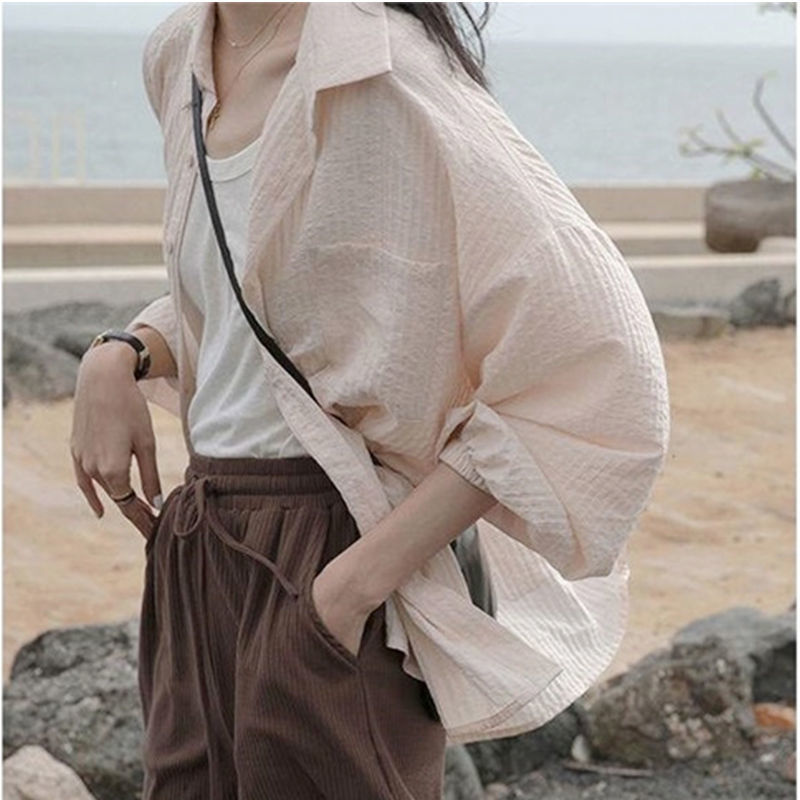 Retro Hong Kong style cotton and linen shirt for women spring and summer thin French style lazy loose design niche top sun protection jacket