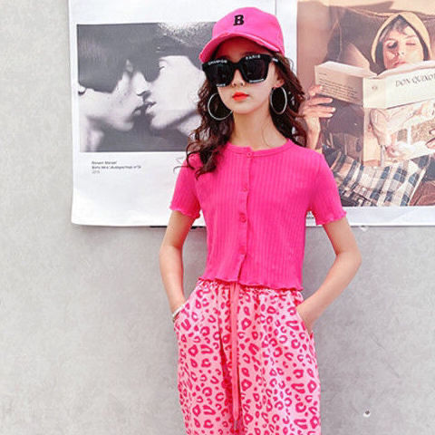 Girls summer casual suit 2022 new foreign style Korean style rose red leopard pants middle and big children fashionable two-piece suit