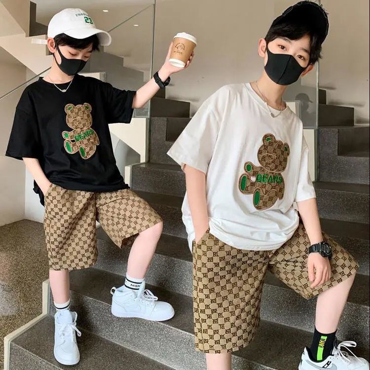 兒童小熊短袖套裝夏季2023新款男女童帥氣衣服潮短褲兩件套童裝潮