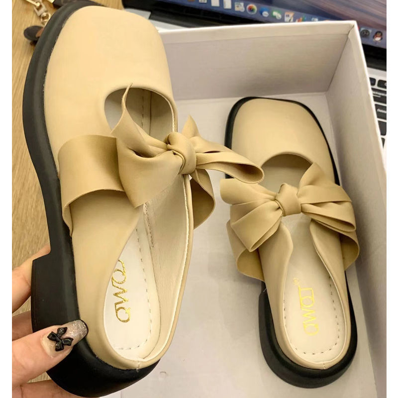 2022 new summer French-style Baotou half-up shoes women wear flat bottom bowknot with skirt sandals and slippers Muller shoes