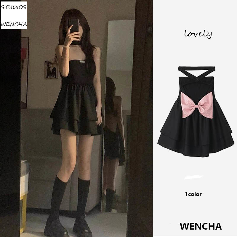Summer Hepburn Pure Desire Spice Girl Wind Bowknot Petit Skirt Small Hanging Neck Tube Top Sexy Black Dress Female