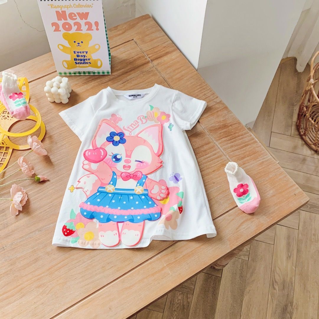 100% pure cotton children's clothing for girls and middle-aged children 2022 summer new Korean version of heavy industry cartoon mid-length T-shirt skirt