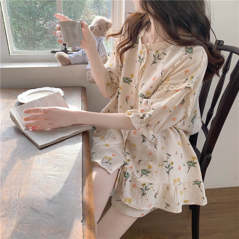 Pajama girl summer ins style small fresh high sweet cardigan lace can be worn outside two-piece suit home clothes