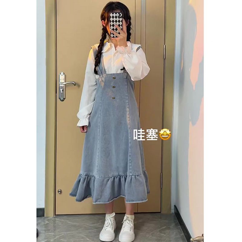 [Two-piece suit] Korean style loose puff sleeve shirt female top denim suspender skirt retro fishtail dress