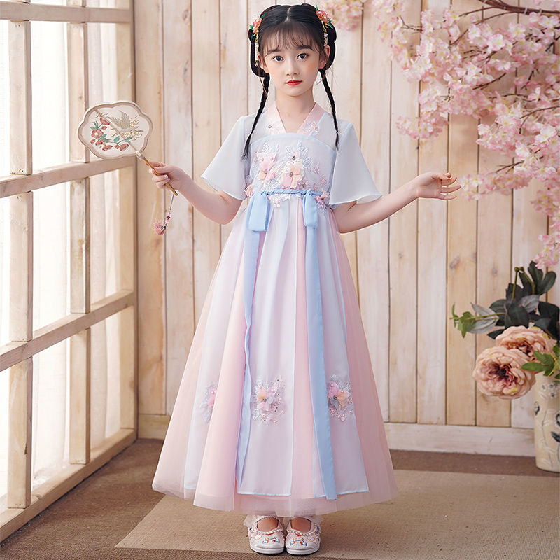 女童漢服春秋古裝中國風連衣裙兒童唐裝襦裙超仙高端童裝禮服夏裝