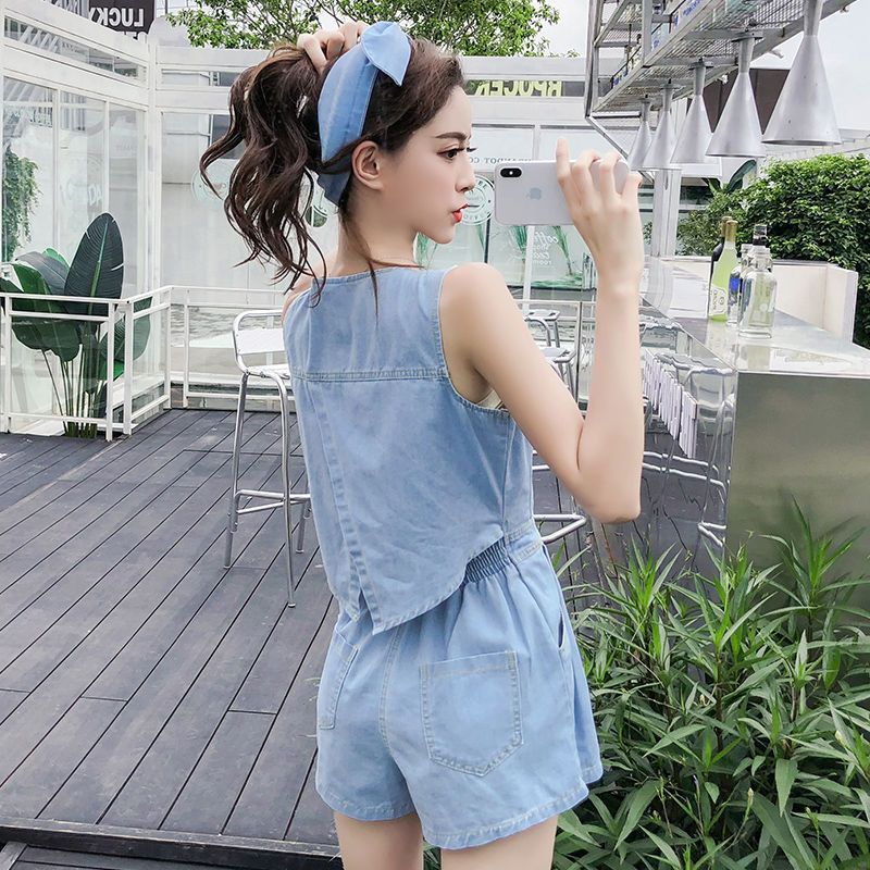 Suspender jumpsuit summer new short pants Korean version sleeveless straight tube slim high waist wide leg denim jumpsuit women