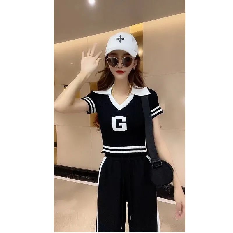 套裝女時尚夏季時尚撞色褲子ins潮百搭女短款上衣闊腿褲倆件套裝