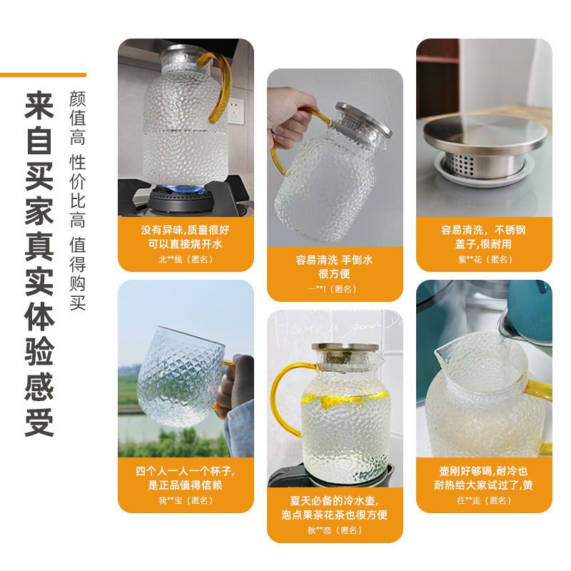 NRMEI冷水壶超大容量凉水壶大号玻璃锤纹耐高温茶壶家用水瓶套装