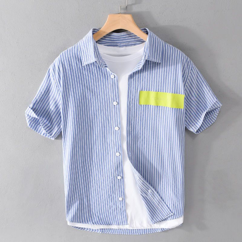夏季男士条纹短袖衬衫日系宽松潮牌休闲寸衫潮流包括百搭半袖衬衣