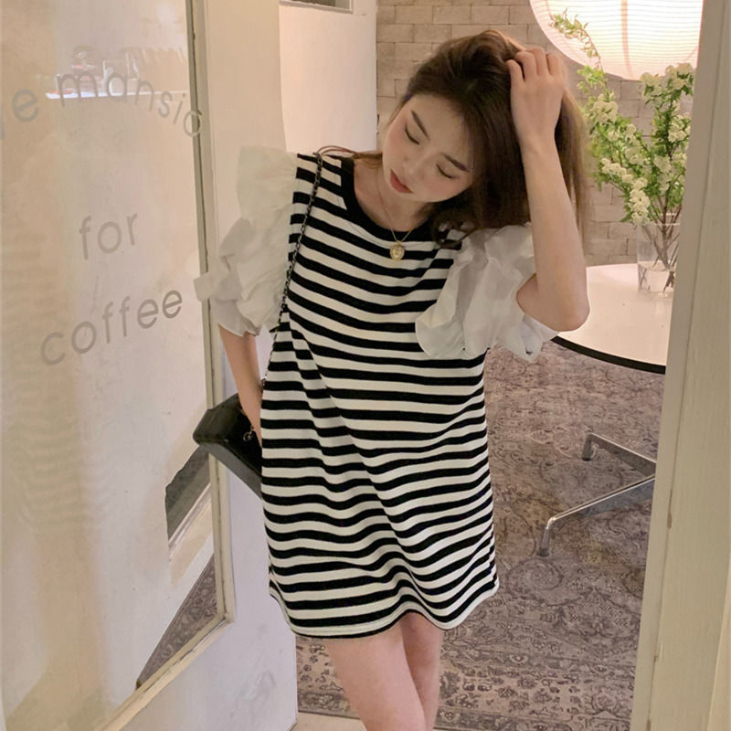 Fat MM extra large size 300 catties striped T-shirt skirt summer loose hidden meat thin fake two-piece ruffled dress