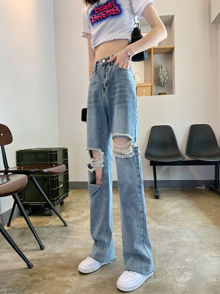 破洞直筒牛仔褲女夏季薄款2023年新款高腰顯瘦寬鬆小個子闊腿褲子