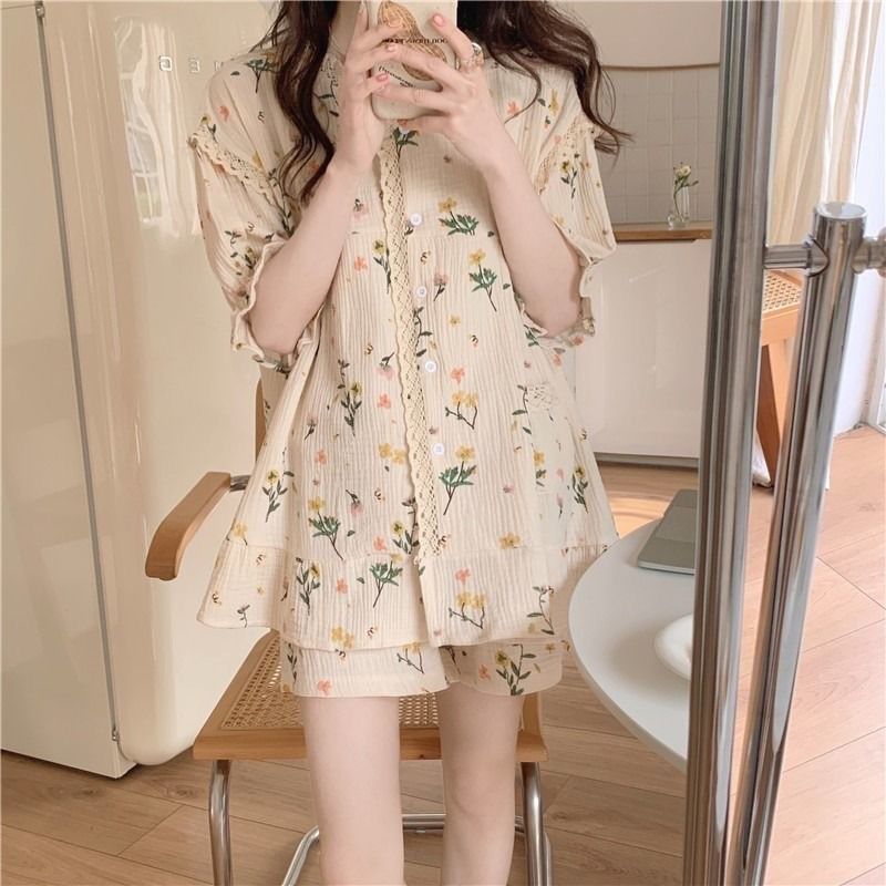 Pajama girl summer ins style small fresh high sweet cardigan lace can be worn outside two-piece suit home clothes