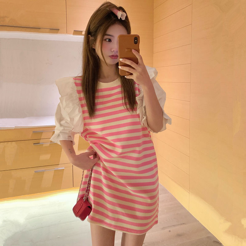 Fat MM extra large size 300 catties striped T-shirt skirt summer loose hidden meat thin fake two-piece ruffled dress