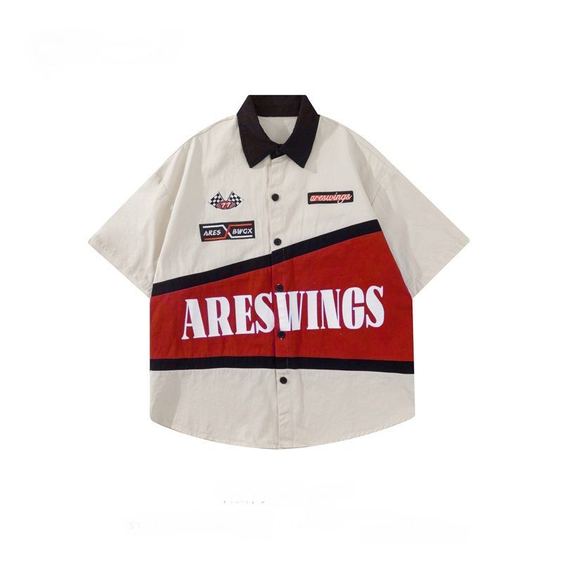 American retro hiphop fried street racing suit shirt men's short-sleeved summer loose ins tide brand locomotive thin shirt