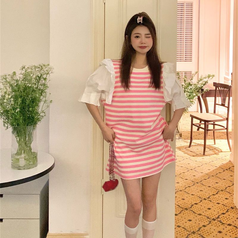 Fat MM extra large size 300 catties striped T-shirt skirt summer loose hidden meat thin fake two-piece ruffled dress