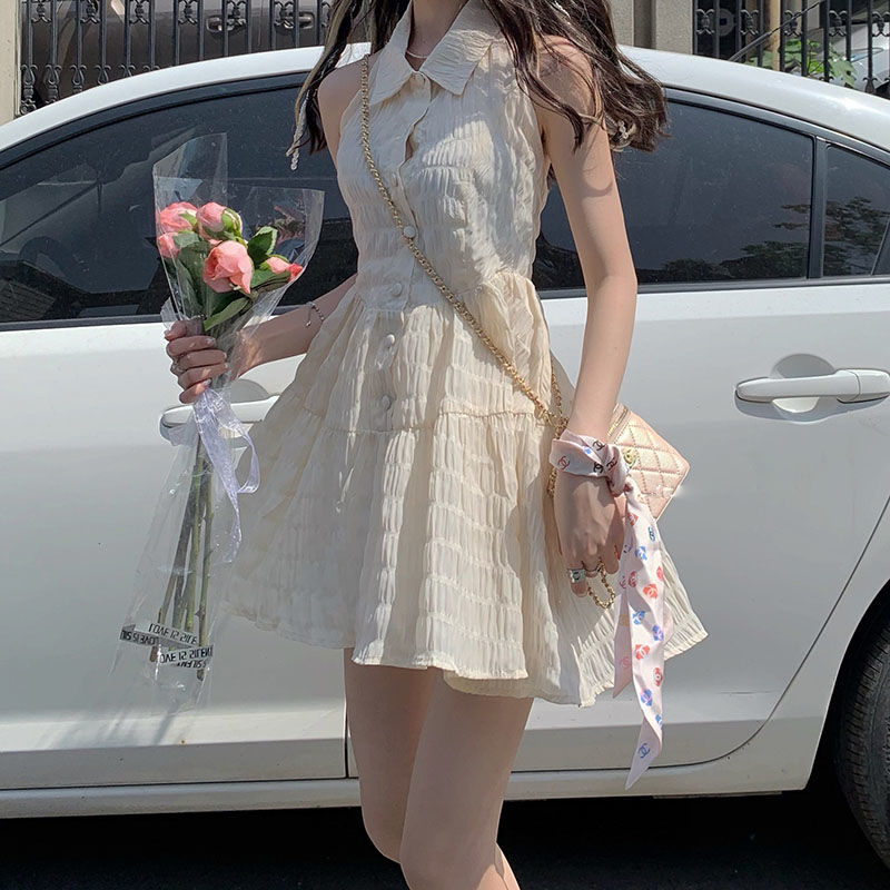 【辣妹季節】掛脖連衣裙女夏設計感露背綁帶收腰顯瘦雪紡吊帶短裙