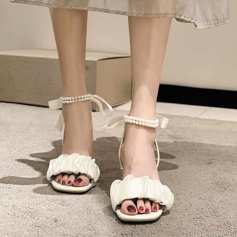 Mesh high heels women's summer  new medium thick heel crystal French fairy pearl Roman sandals ins