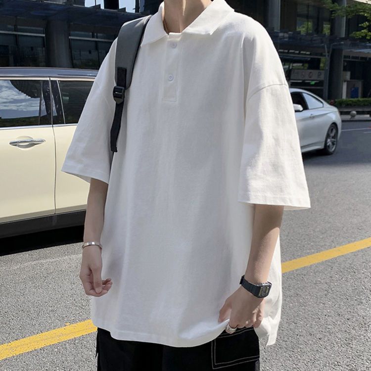 短袖t恤男春夏港風ins潮牌寬鬆翻領polo衫潮流百搭純色大碼體恤衫