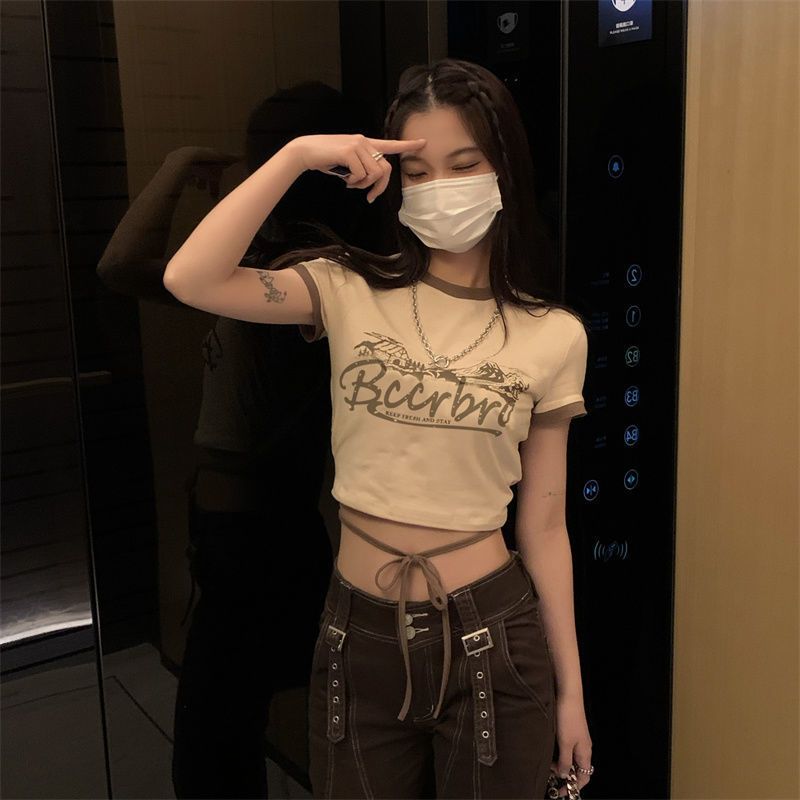 撞色設計感小眾綁帶短袖T恤女2022夏季新款辣妹純欲短款修身上衣