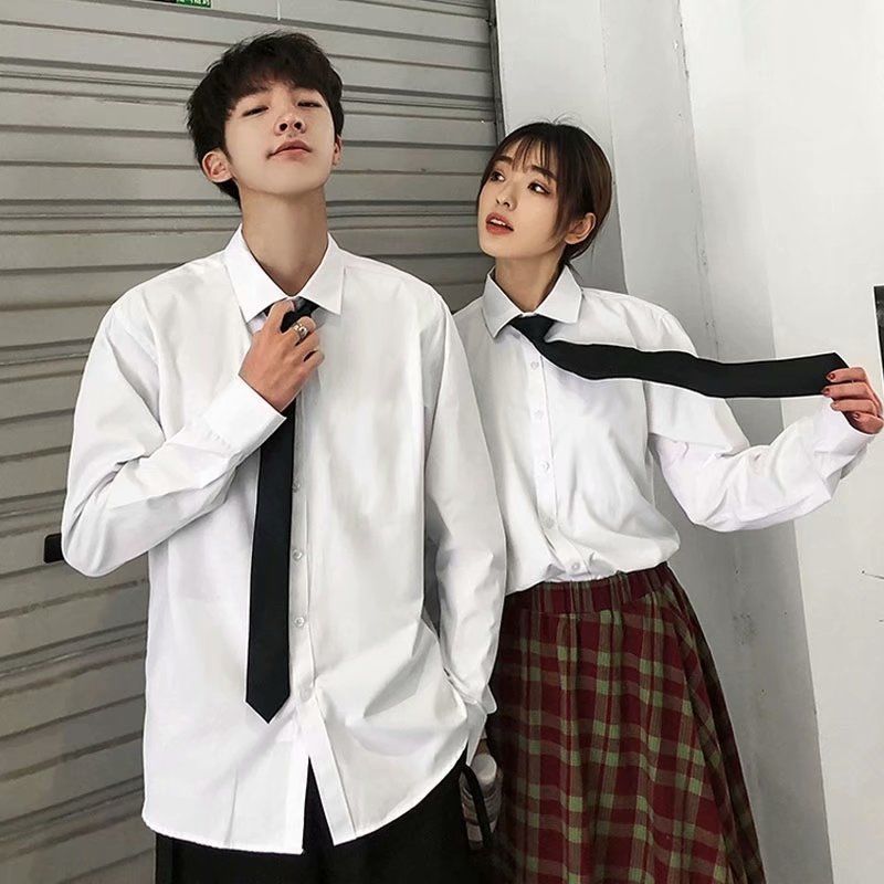 Ins Hong Kong style white shirt male student Korean version trendy long-sleeved loose couple outfit large size shirt college style female