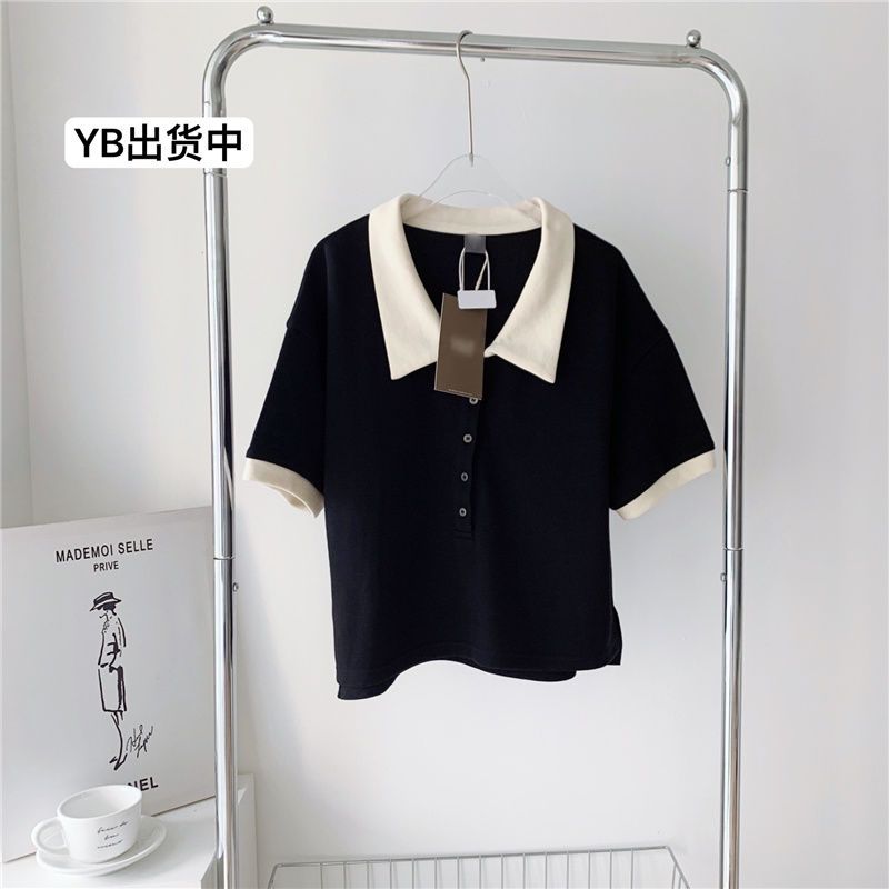 Raw coconut ice American style eye-catching color contrast short-sleeved polo shirt women's spring and summer temperament lapel T-shirt top