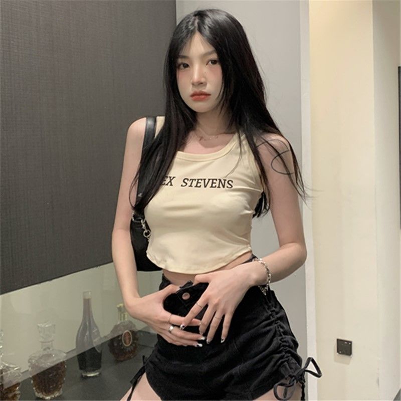 辣妹字母吊帶背心女2022年夏季新款純欲風U領不規則露臍顯瘦上衣
