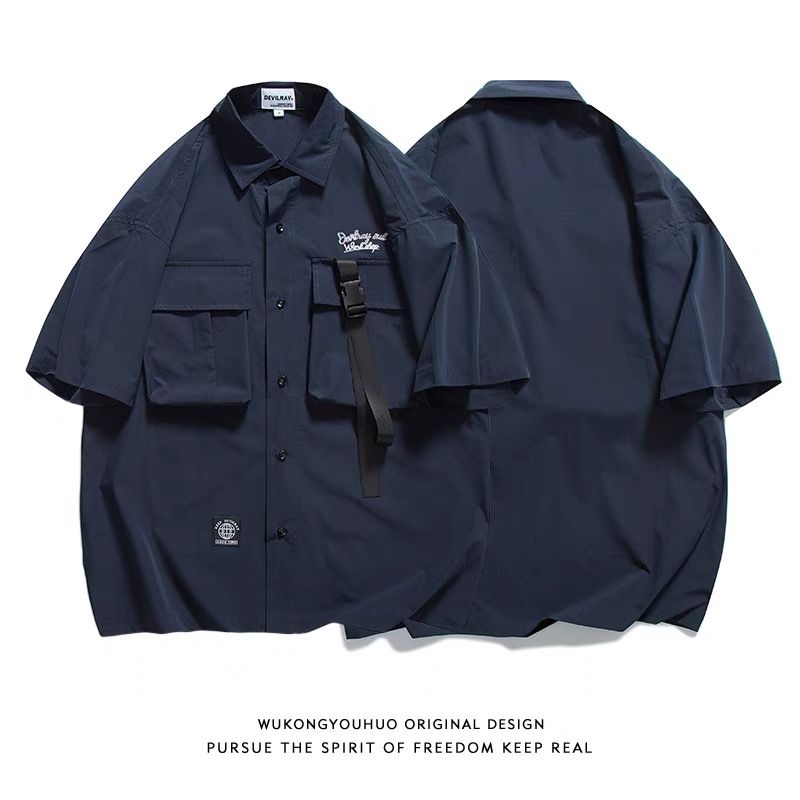 Ins American Japanese retro pocket work clothes short sleeve shirt men's fashion street BF loose couple shirt coat