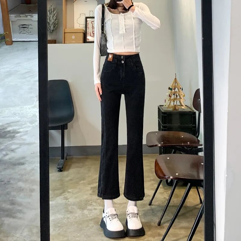 2023春秋新款黑色開叉微喇牛仔褲女高腰顯瘦百搭九分直筒喇叭褲子