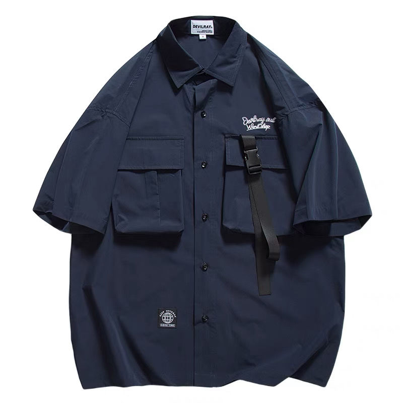 Ins American Japanese retro pocket work clothes short sleeve shirt men's fashion street BF loose couple shirt coat