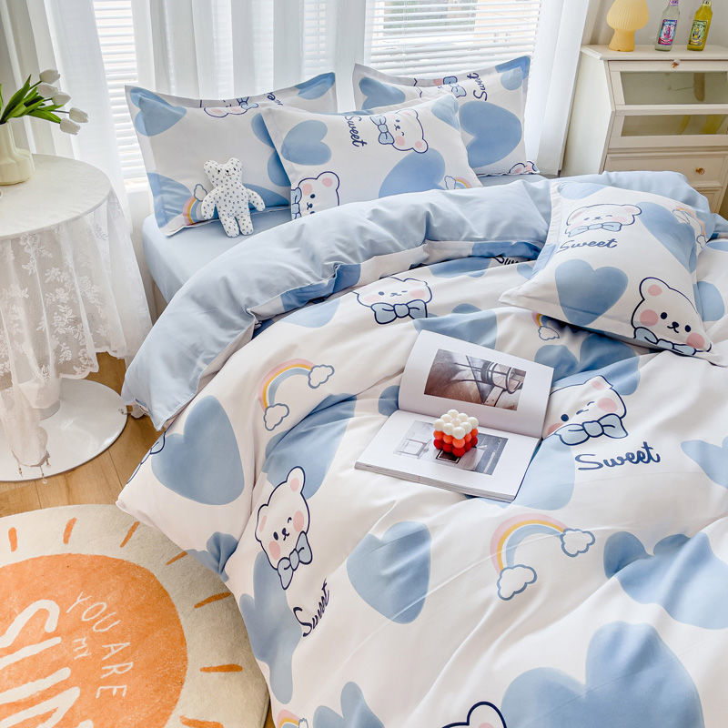 Cute cartoon Feng Shui cotton washing four piece set student dormitory single double quilt cover bed sheet bedding three piece set