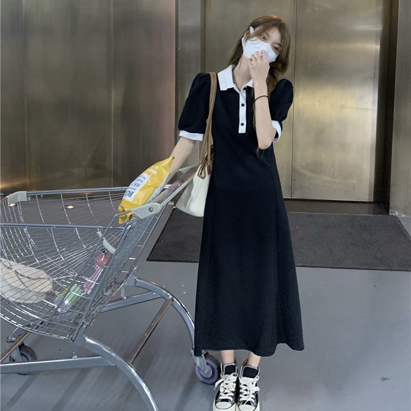 Polo collar contrast color dress women's summer  hot style loose waist slimming fashion mid-length skirt ins