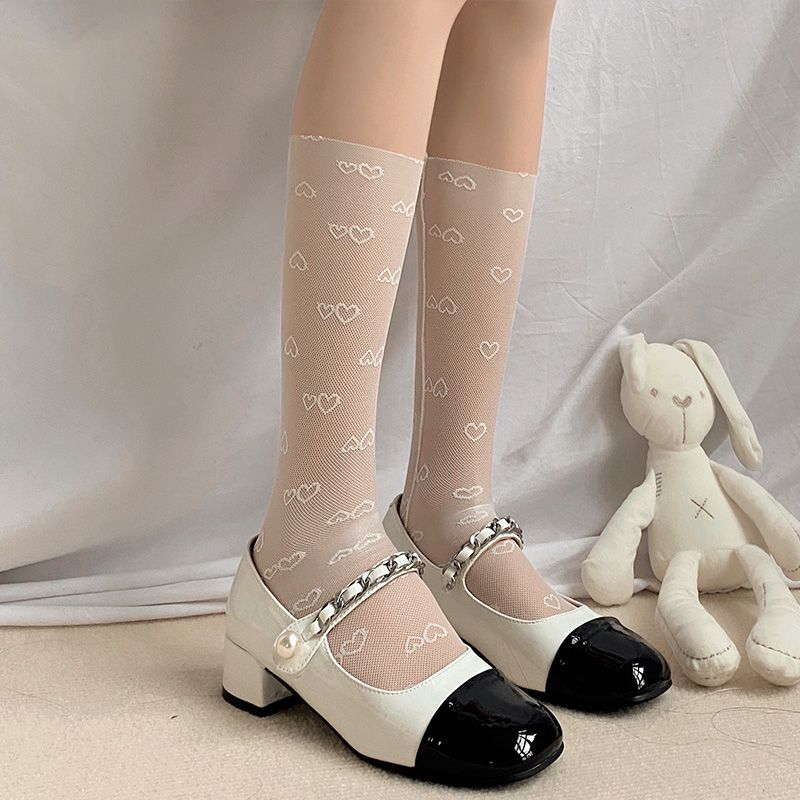 性感蕾丝袜子女夏中筒lolita爱心白色镂空玻璃丝渔网堆堆袜短袜