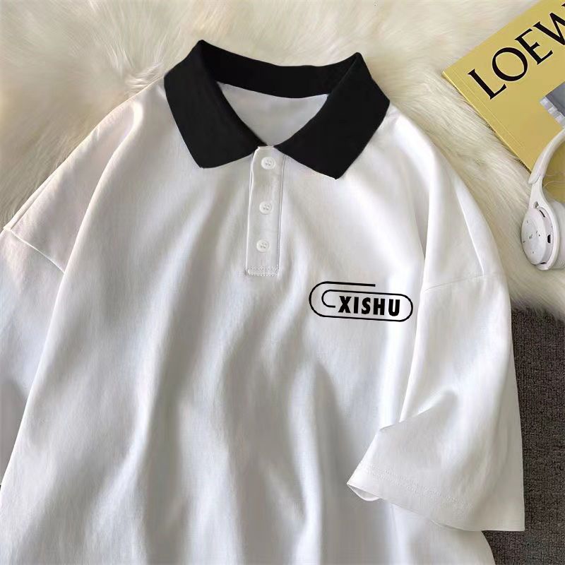 2023夏季新款情侶男女寬鬆翻領短袖T恤港風學生polo衫潮流ins班服