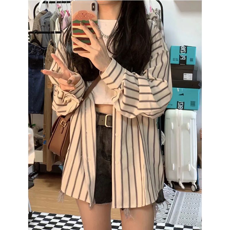 Striped shirt jacket women's summer 2023 new Korean design sense niche thin section sunscreen cardigan long-sleeved top