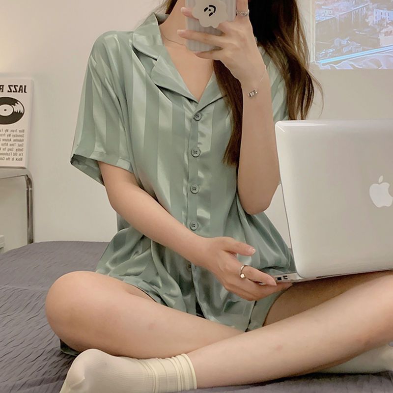 Summer ice silk pajamas women's thin short sleeve shorts ins style high appearance sweet stripe summer home suit