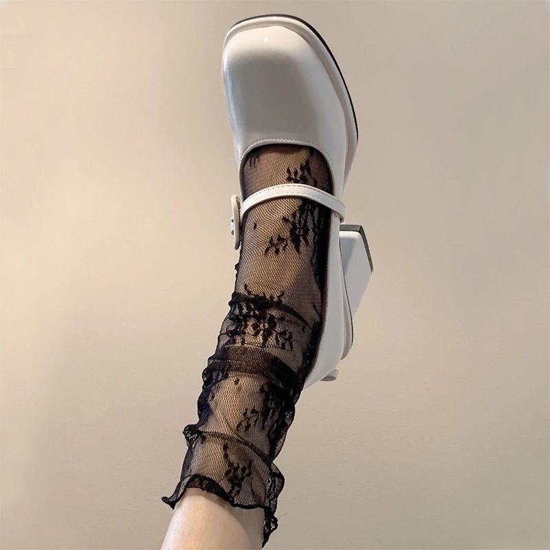 玛丽珍黑白色短中长筒小腿堆堆镂空蕾丝袜子女夏季网纱超薄款ins