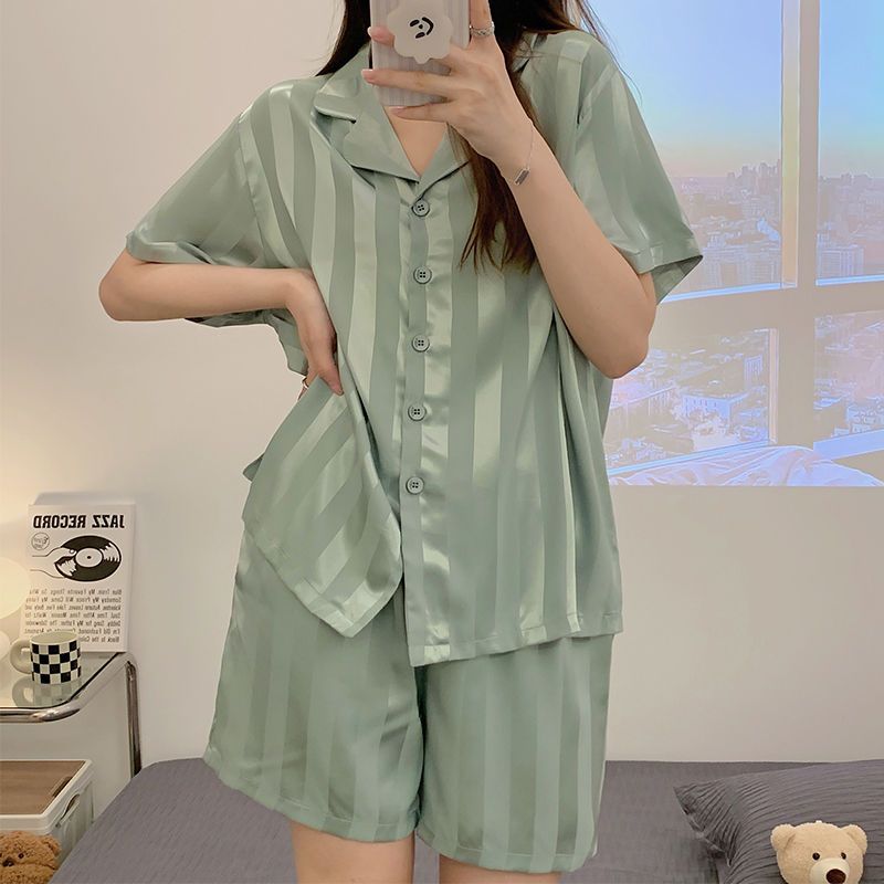 Summer ice silk pajamas women's thin short sleeve shorts ins style high appearance sweet stripe summer home suit
