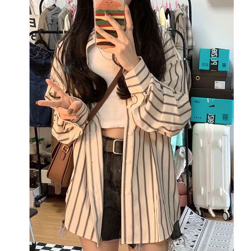 Striped shirt jacket women's summer 2023 new Korean design sense niche thin section sunscreen cardigan long-sleeved top