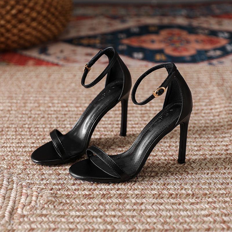 Fashion black buckle sandals 2023 new summer net red high heels women's shoes stiletto black fairy style