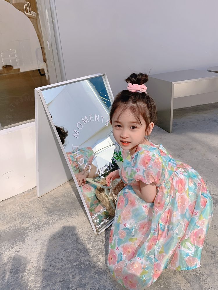 女童碎花連衣裙2023夏裝新款韓版兒童洋氣泡泡袖裙子女寶寶公主裙