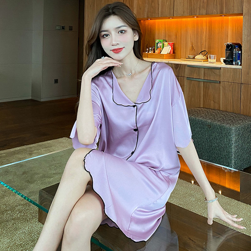 Internet celebrity hot style nightdress female Xia Bingsi thin short-sleeved shirt ladies pajamas summer high-end silk home service