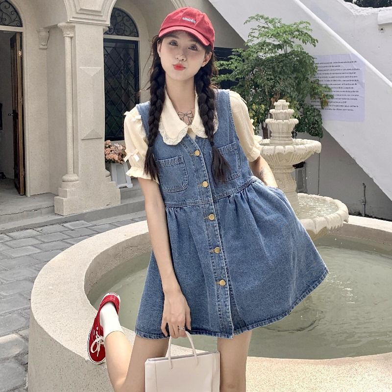 減齡氣質法式牛仔背帶短裙女夏季新款大碼收腹顯瘦小個子連衣裙子