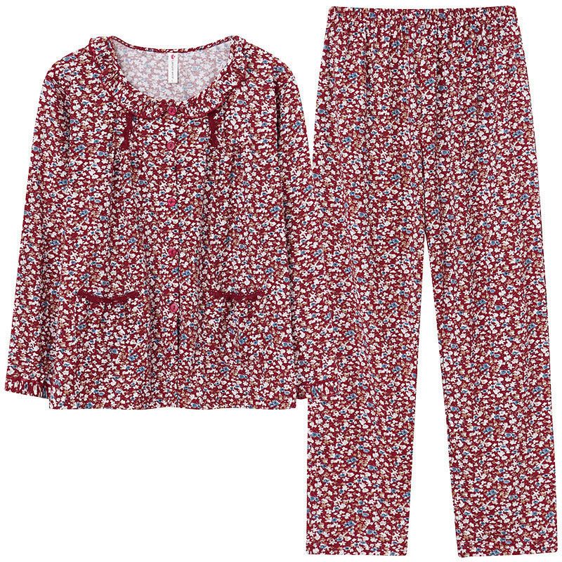 Nanjiren 100% pure cotton pajamas women's spring and autumn style middle-aged mother cardigan long-sleeved high-end cotton comfortable home service