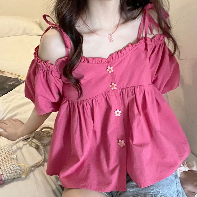 Summer Japanese soft girl pure desire wind small fresh one-shoulder top female student cute fungus side puff sleeve shirt