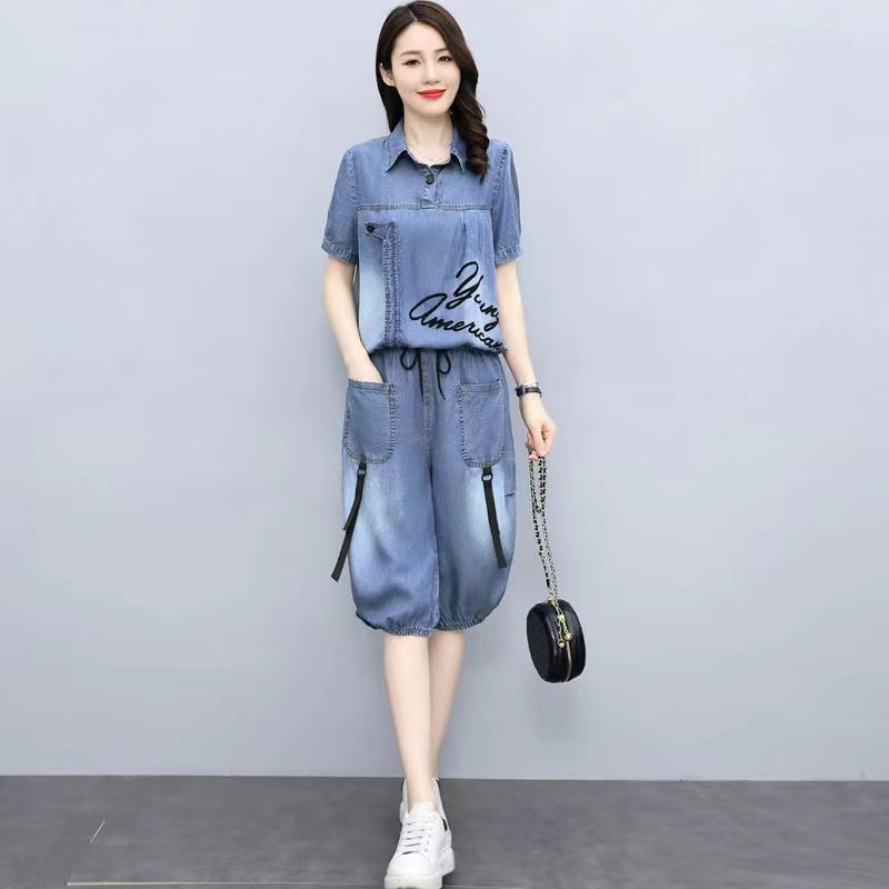 大碼女裝牛仔短袖套裝夏裝2023年新款時尚洋氣印花休閒短褲兩件套