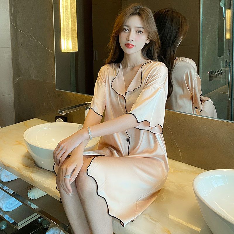 Internet celebrity hot style nightdress female Xia Bingsi thin short-sleeved shirt ladies pajamas summer high-end silk home service