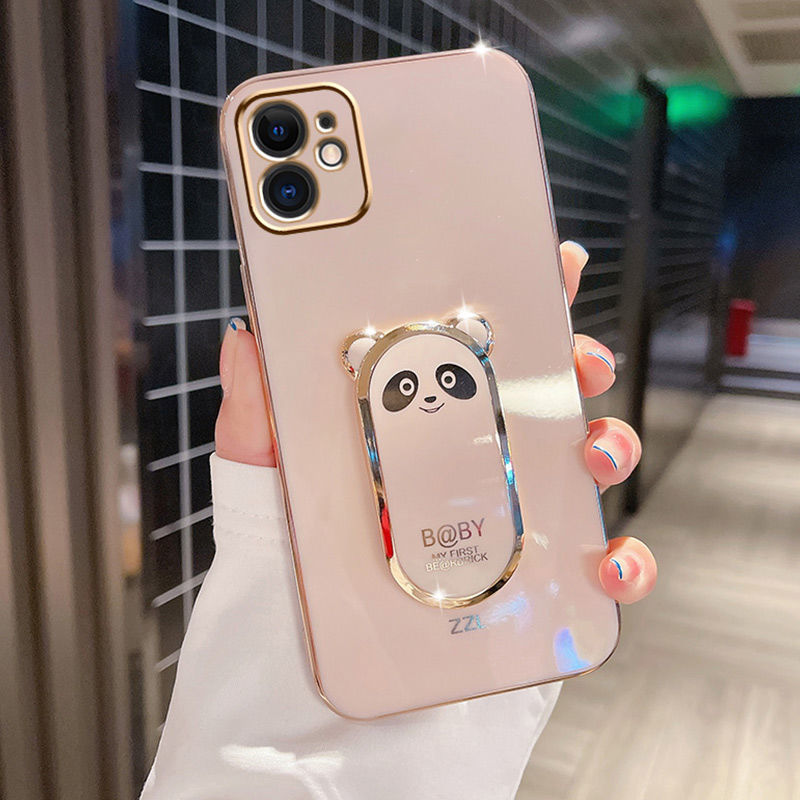 苹果11熊猫支架手机壳13立体指环12保护套适用iPhone直边电镀软壳