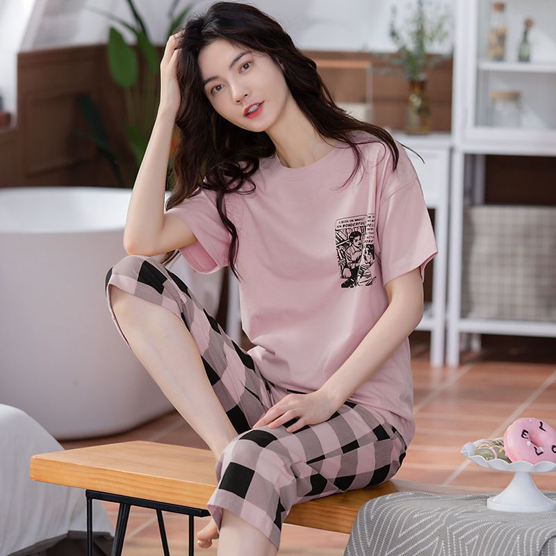 High-end pure cotton pajamas for women in summer, thin short-sleeved short-sleeved pants, summer cotton, home wear set that can be worn outside